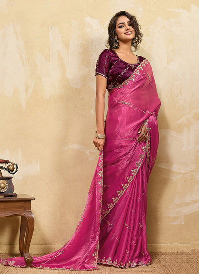 Magenta Embroidered Satin Saree