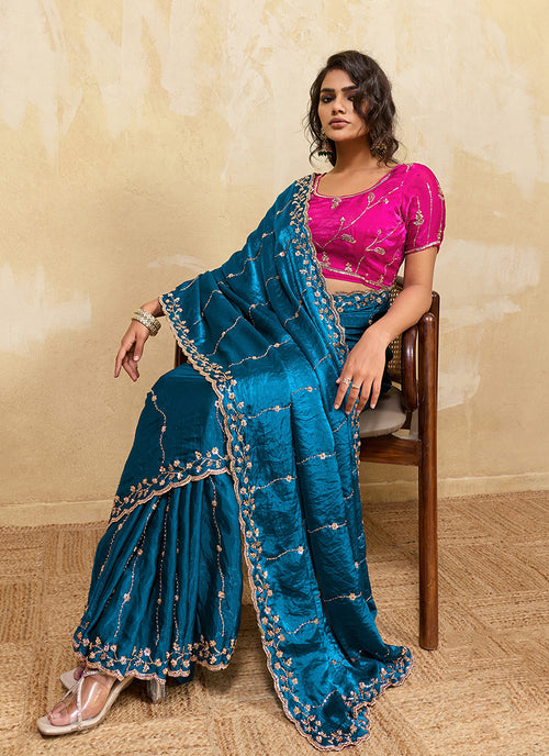 Turquoise and Pink Embroidered Satin Saree