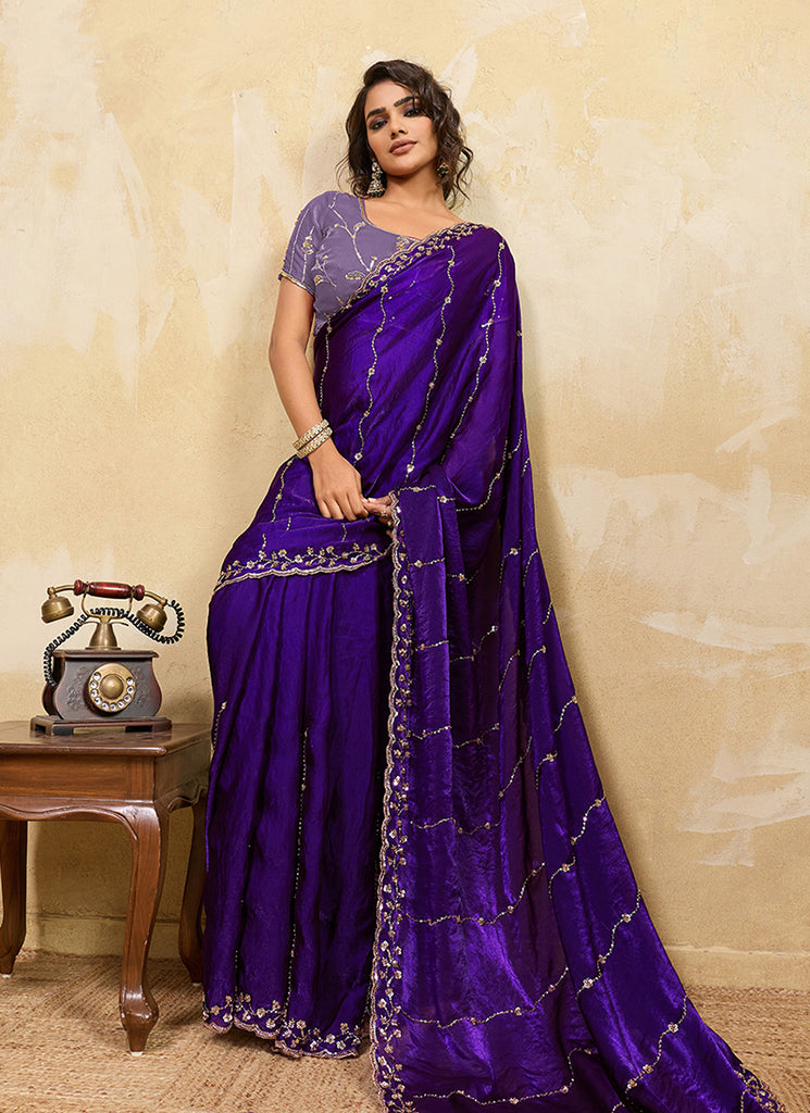 Violet Embroidered Satin Saree