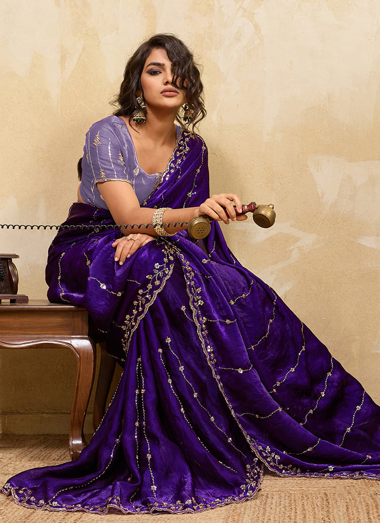 Violet Embroidered Satin Saree