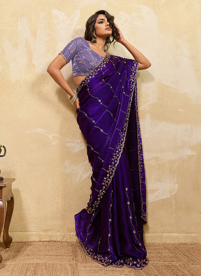 Violet Embroidered Satin Saree