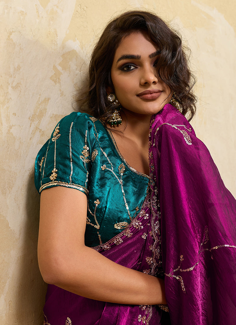 Magenta and Turquoise Embroidered Satin Saree