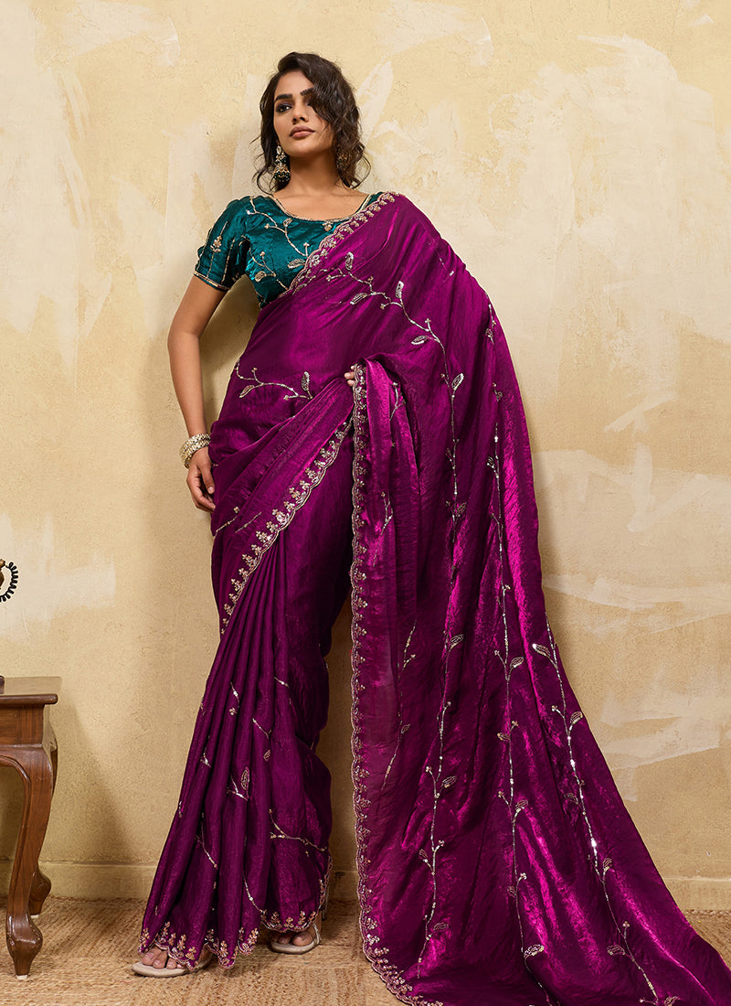 Magenta and Turquoise Embroidered Satin Saree