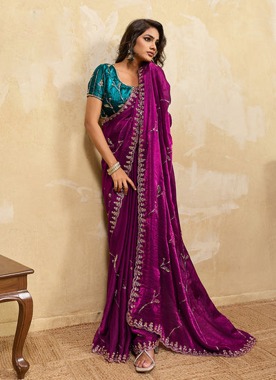 Magenta and Turquoise Embroidered Satin Saree
