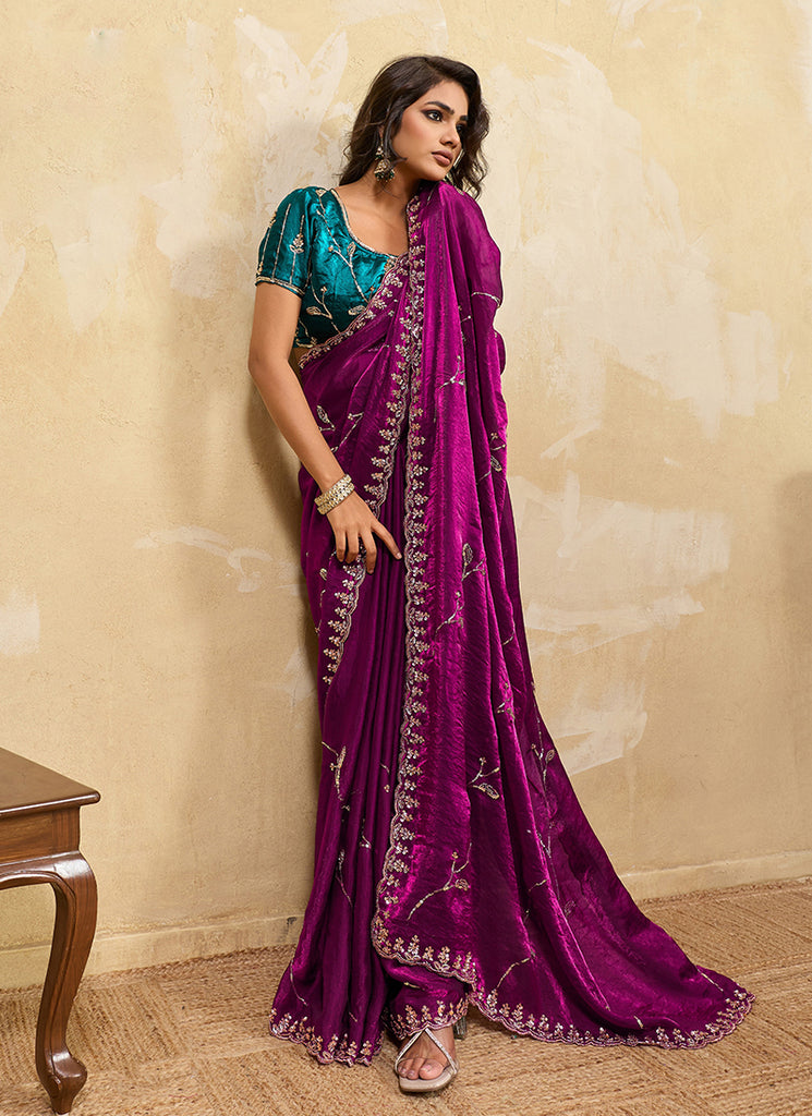 Magenta and Turquoise Embroidered Satin Saree