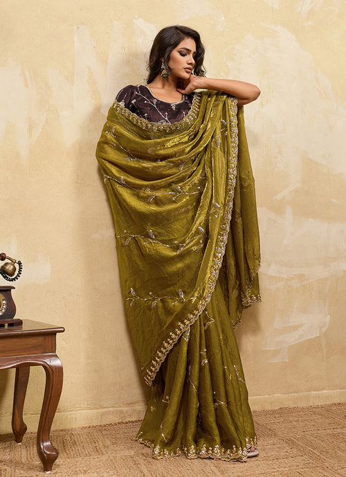 Olive and Brown Embroidered Satin Saree