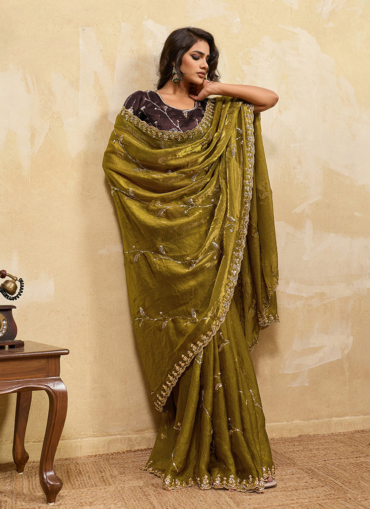 Olive and Brown Embroidered Satin Saree
