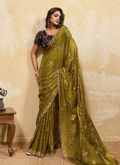 Olive and Brown Embroidered Satin Saree