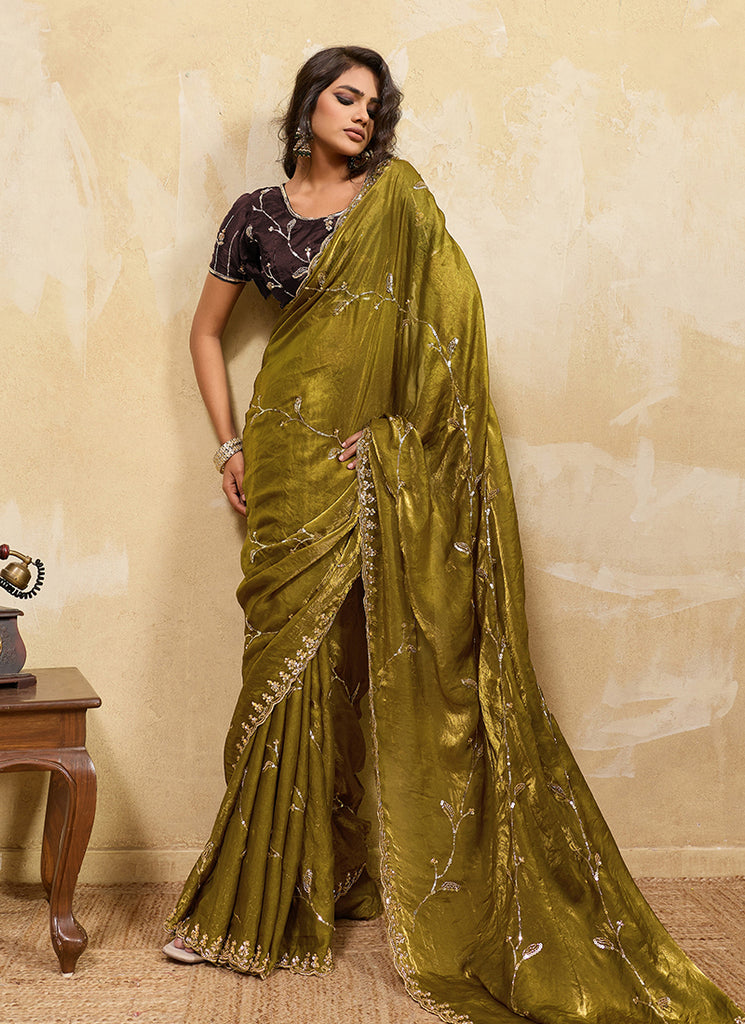 Olive and Brown Embroidered Satin Saree