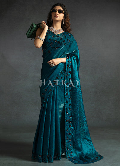 Royal Blue Embroidered Satin Silk Saree