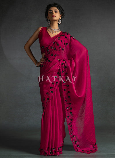 Hot Pink Embroidered Satin Silk Saree