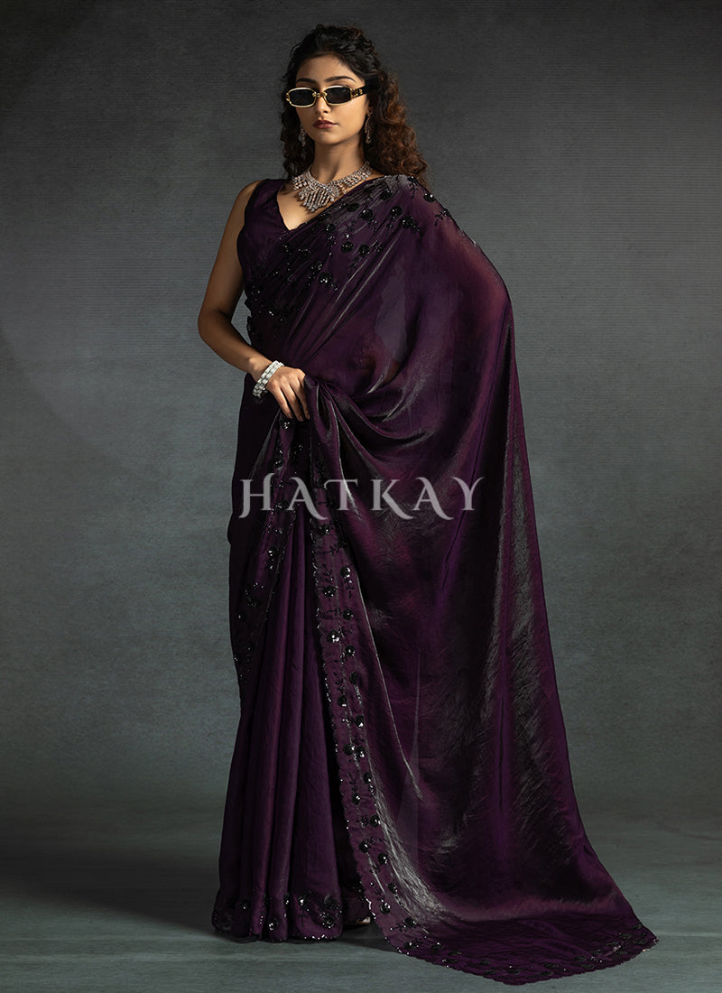 Deep Purple Embroidered Satin Silk Saree