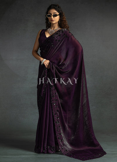 Deep Purple Embroidered Satin Silk Saree