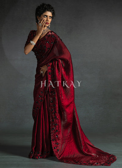 Cherry Red Embroidered Satin Silk Saree
