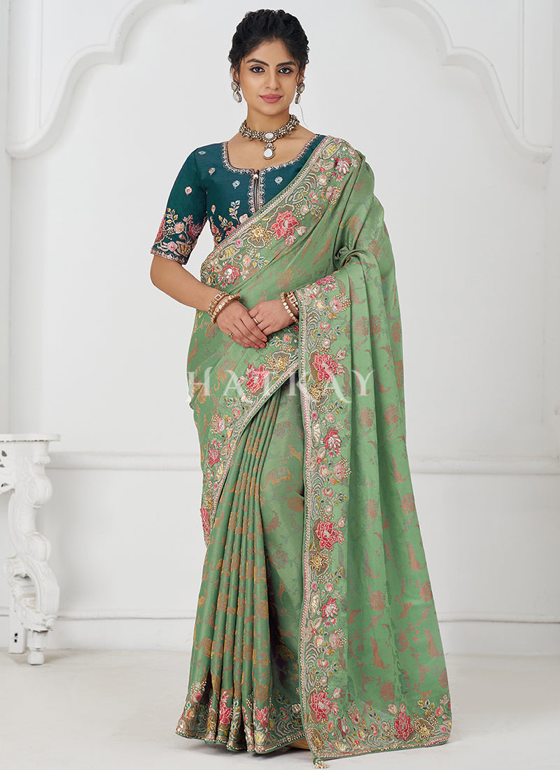 Green Multi Embroidery Wedding Silk Saree