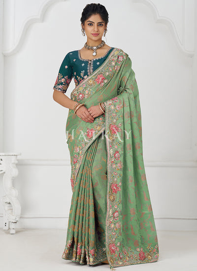 Green Multi Embroidery Wedding Silk Saree