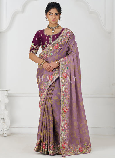Purple Multi Embroidery Wedding Silk Saree