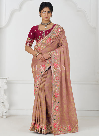 Peach Multi Embroidery Wedding Silk Saree