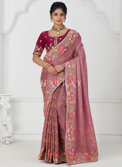 Pink Multi Embroidery Wedding Silk Saree