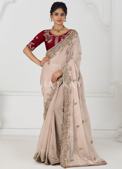 Peach And Red Multi Embroidery Wedding Silk Saree