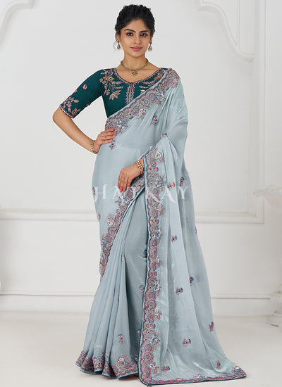 Blue And Teal Multi Embroidery Wedding Silk Saree