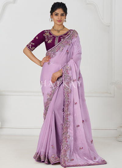Purple And Wine Multi Embroidery Wedding Silk Saree