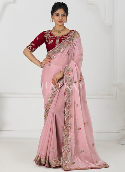 Pink And Red Multi Embroidery Wedding Silk Saree