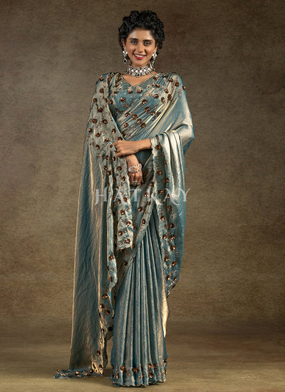 Teal Golden Embroidered Satin Silk Saree
