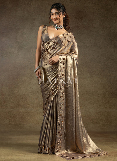 Copper Gold Embroidered Satin Silk Saree