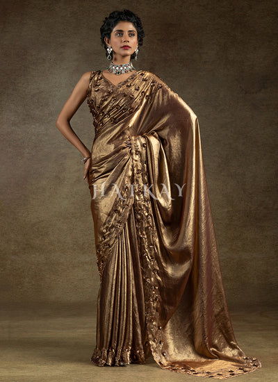 Antique Gold Embroidered Satin Silk Saree