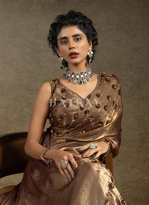 Antique Gold Embroidered Satin Silk Saree