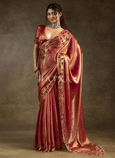 Rustic Red Embroidered Satin Silk Saree
