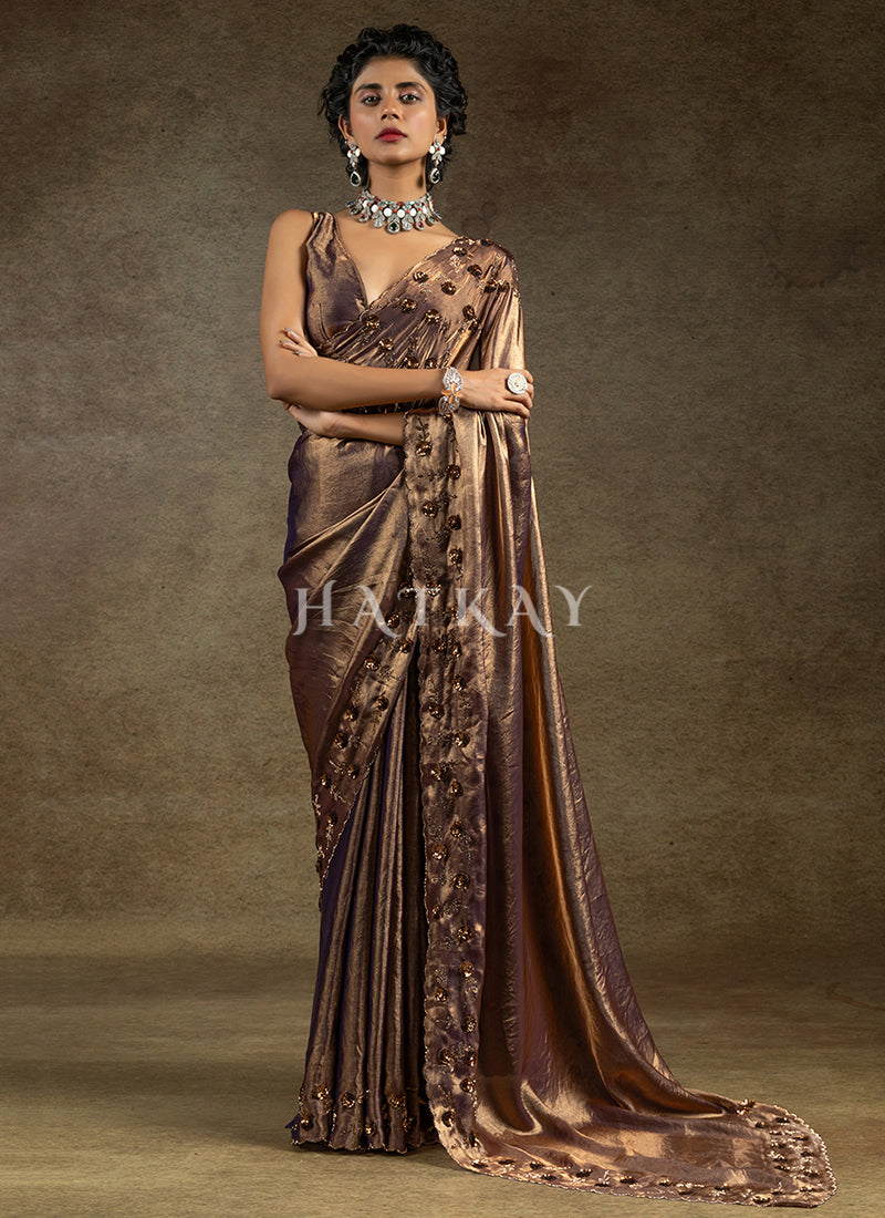 Purple Golden Embroidered Satin Silk Saree
