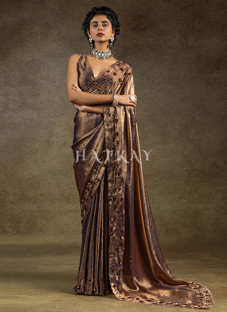 Purple Golden Embroidered Satin Silk Saree