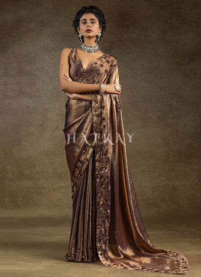 Purple Golden Embroidered Satin Silk Saree