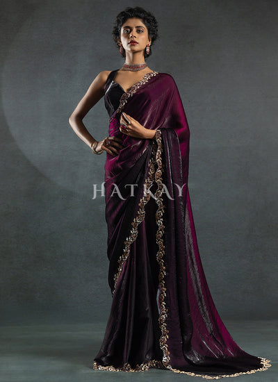 Deep Wine Ombré Embroidered Satin Silk Saree
