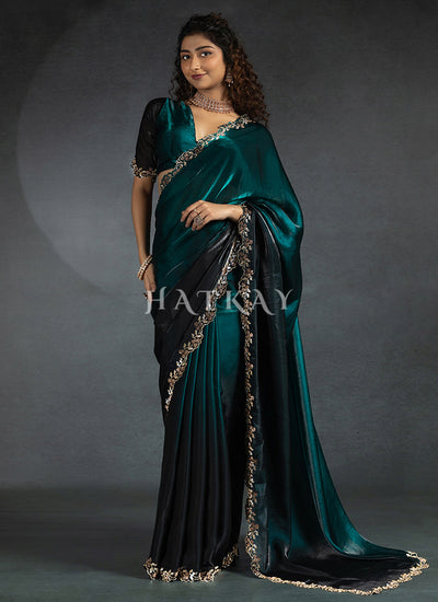 Green Ombré Embroidered Satin Silk Saree