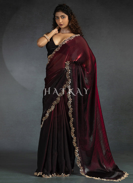 Maroon Ombré Embroidered Satin Silk Saree