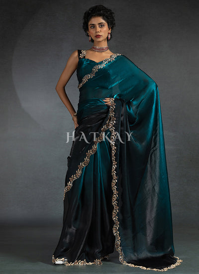 Turquoise Ombré Embroidered Satin Silk Saree