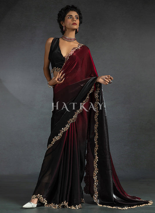 Red Ombré Embroidered Satin Silk Saree