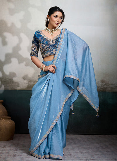 Blue Embroidered Velvet Satin Saree
