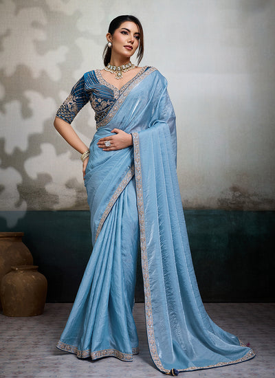 Blue Embroidered Velvet Satin Saree