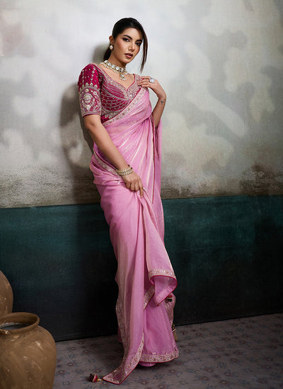 Light Pink Embroidered Velvet Satin Saree