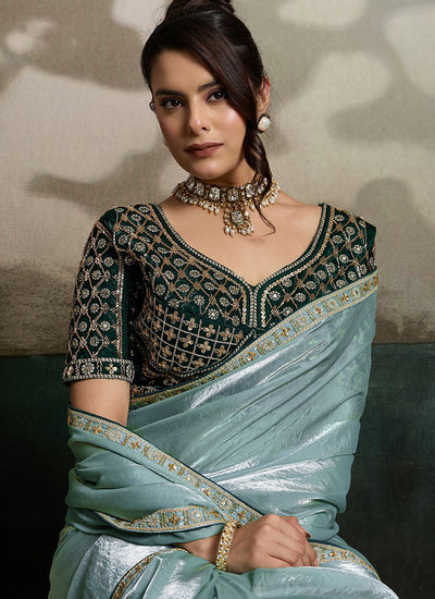 Aqua Blue Embroidered Velvet Satin Saree