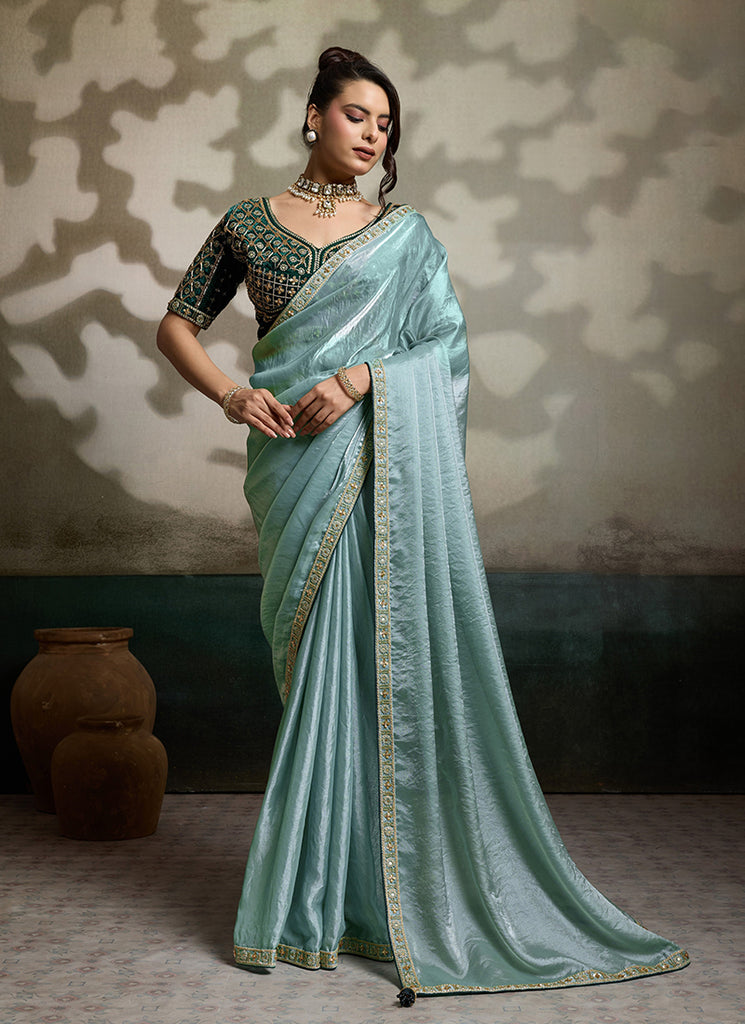 Aqua Blue Embroidered Velvet Satin Saree
