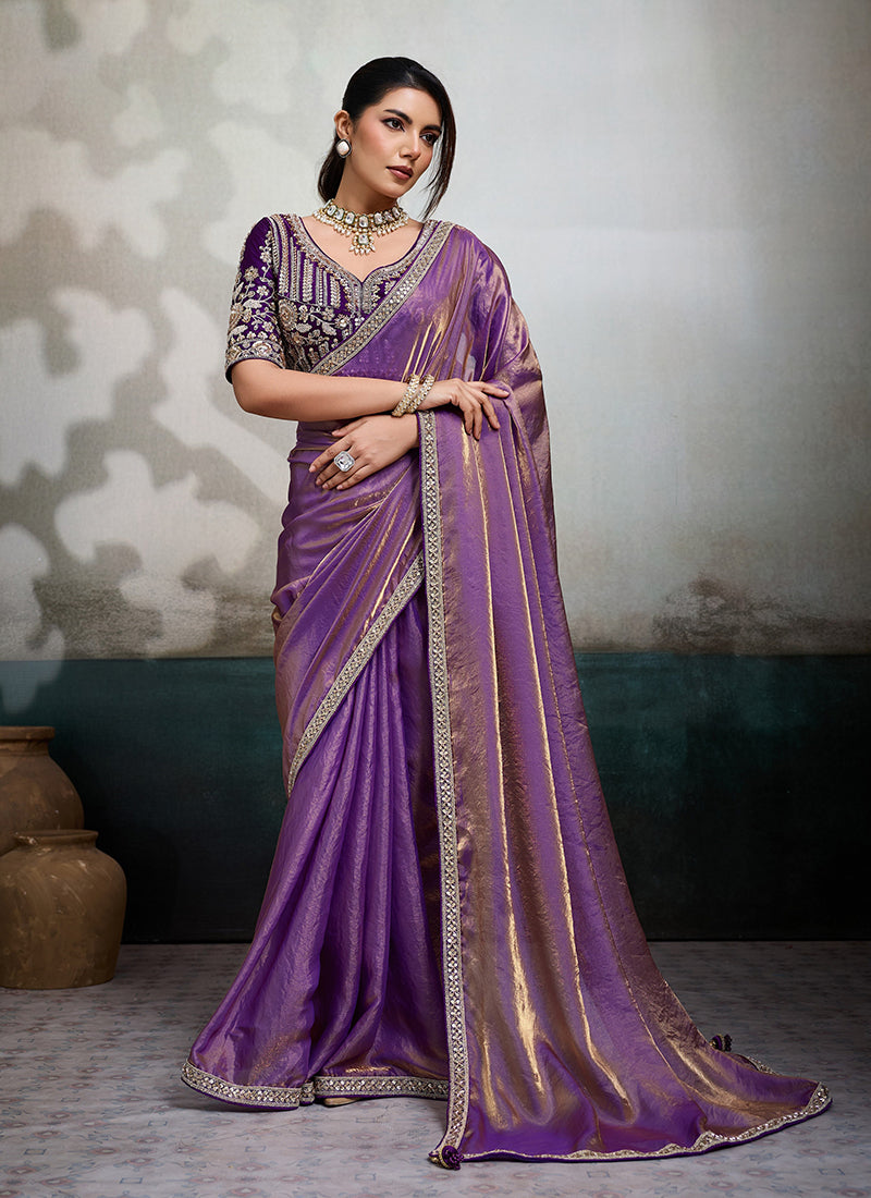 Purple Embroidered Velvet Satin Saree