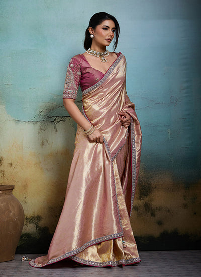 Rose Pink Embroidery Tissue Silk Saree
