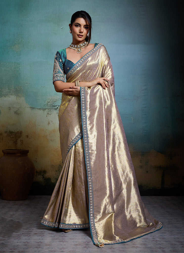 Beige and Blue Embroidery Tissue Silk Saree