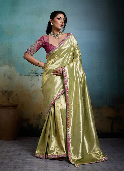 Green and Pink Embroidery Tissue Silk Saree