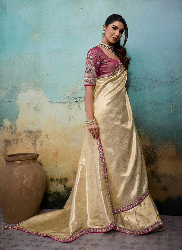 Golden and Pink Embroidery Tissue Silk Saree